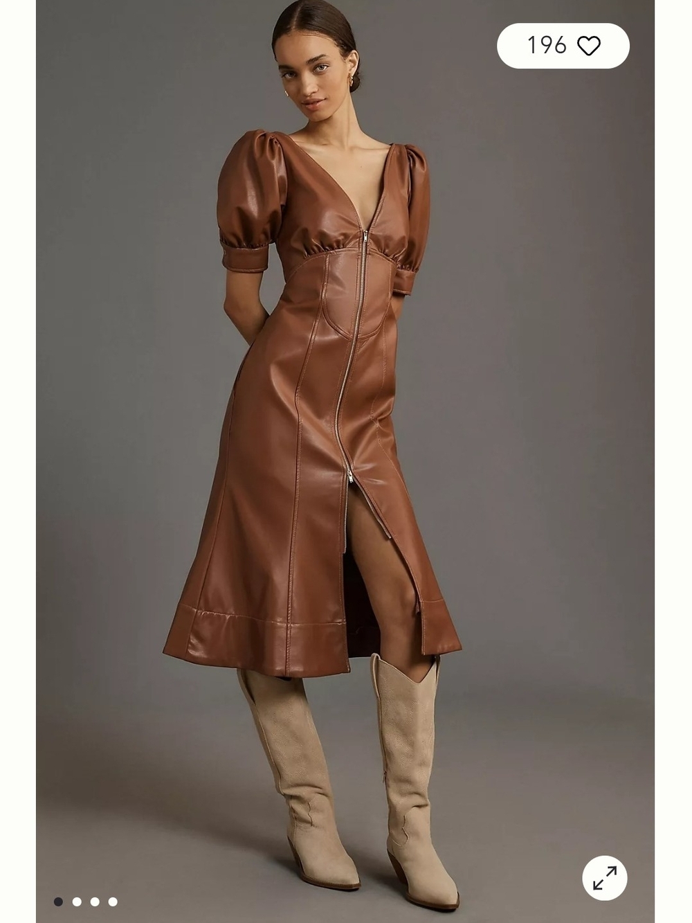 Anthropologie Vegan Leather Puff-Sleeve Zip-Front Midi Dress Size 4